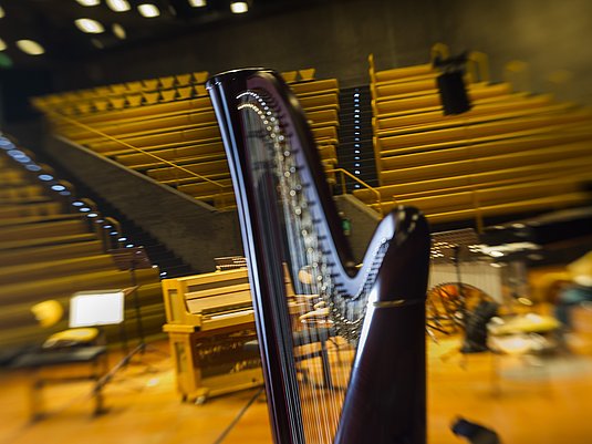 Leerer Konzertsaal und auf der Bühne eine Harfe und im Hintergrund weitere Instrumenten.