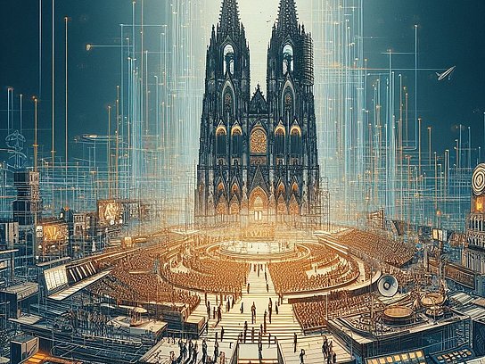 Grafische Darstellung des Kölner Doms, drumherum Personen und technische Geräte