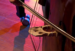 Es ist der mittlere Bereich eines Kontrabass zu sehen, dessen Saiten von einer hand mit Bogen bespielt werden.